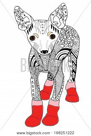 Toy terrier in red boots Hand drawn sketched vector illustration. Doodle graphic with ornate pattern.