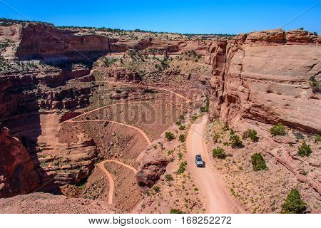 Winding Shafer Trail road in Canyonlands national park, Moab Utah USA