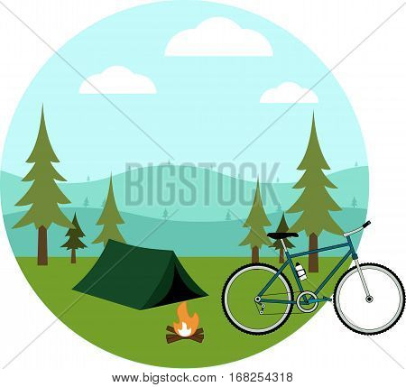 Bike tent and fire on a background of hills forest sky and clouds. Flat icons.
