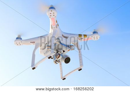 PILSEN CZECH REPUBLIC - JANUARY 19, 2017: Drone quadrocopter Dji Phantom 3 Professional with camera. Farmer use drone for inspect of damages from wild boars on wheat fields in winter season.
