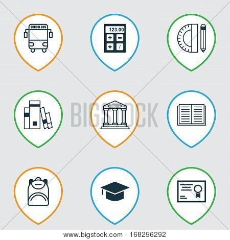 Set Of 9 Education Icons. Includes Opened Book, Haversack, College And Other Symbols. Beautiful Design Elements.