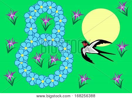 Happy Women's Day with cute flowers and a swallow on the background of the sun