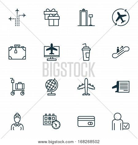 Set Of 16 Transportation Icons. Includes Timetable, Globetrotter, World Sphere And Other Symbols. Beautiful Design Elements.