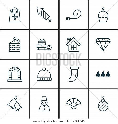 Set Of 16 New Year Icons. Includes Christmas Ball, Knitted Cap, Brilliant And Other Symbols. Beautiful Design Elements.