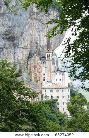 Santuario Madonna della Corona church in Ferrara di Monte Baldo Verona Italy. A place of silence and meditation extended between heaven and earth hidden in the heart of the Baldo rocks.
