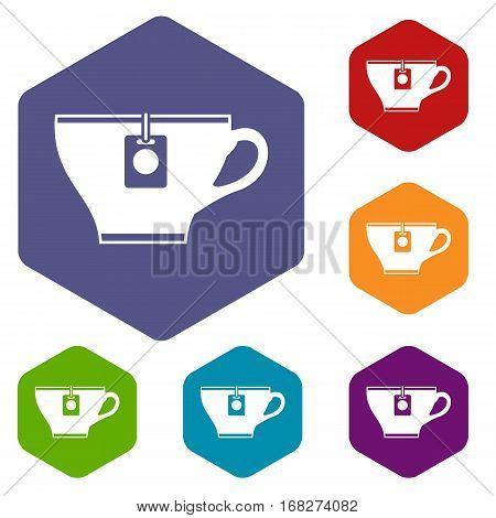 Cup with teabag icons set rhombus in different colors isolated on white background