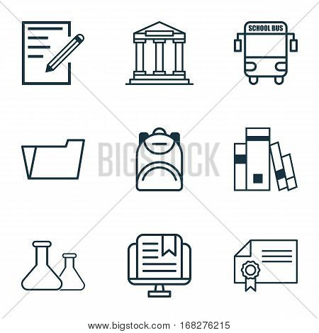 Set Of 9 Education Icons. Includes Transport Vehicle, Haversack, Document Case And Other Symbols. Beautiful Design Elements.