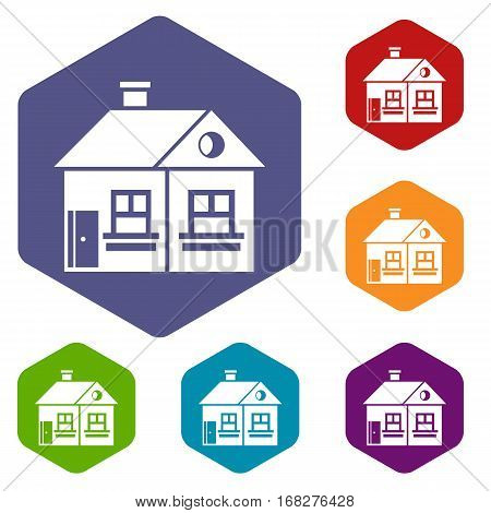 Large single-storey house icons set rhombus in different colors isolated on white background