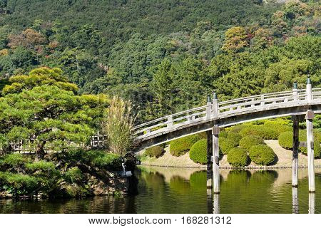 Ritsurin Garden and wooden bridge