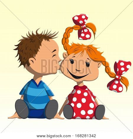 Seated Boy congratulates girl with holiday and kisses her on the cheek