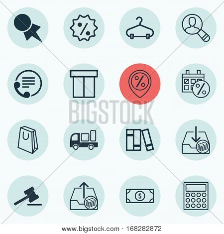 Set Of 16 E-Commerce Icons. Includes Discount Location, Box, Spectator And Other Symbols. Beautiful Design Elements.