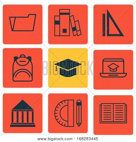 Set Of 9 Education Icons. Includes Document Case, Haversack, Measurement And Other Symbols. Beautiful Design Elements.