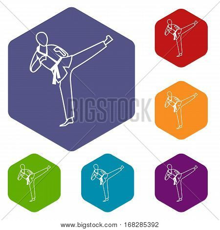 Wushu master icons set rhombus in different colors isolated on white background