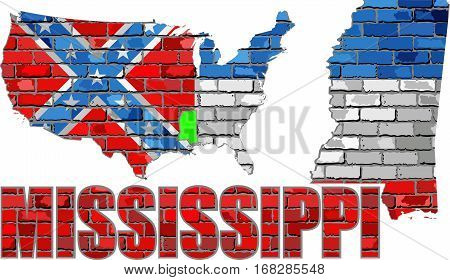 Mississippi on a brick wall - Illustration,
Font with the Mississippi flag, 
Mississippi map on a brick wall