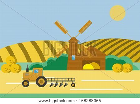 Farm scenery barn, windmill, and tractor working on a arable field with attached plough. Modern flat style vector illustration.