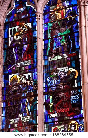 Gournay en Bray France - september 7 2016 : stained glass window of the Saint Hildevert collegiate church