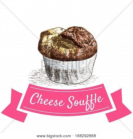 Cheese Souffle colorful illustration. Vector illustration of French cuisine.
