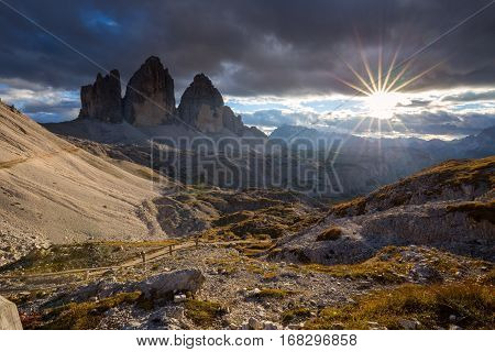 Tre Cime di Lavaredo " Drei Zinnen " in Dolomite Alps - Italy. Europe