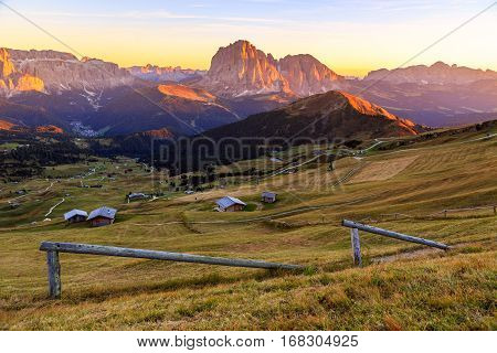 Dolomites Alps in Summer. Odle mountains taken from the Seceda refuge Italian alps