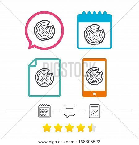 Wood sign icon. Tree growth rings. Tree trunk cross-section with nick. Calendar, chat speech bubble and report linear icons. Star vote ranking. Vector