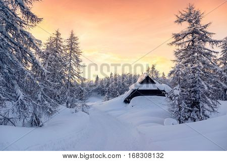 Beautiful sunset in slovenia alps . Europe