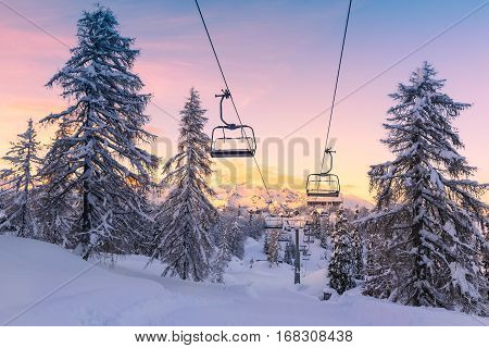 Winter Mountains Panorama With Ski Slopes And Ski Lifts
