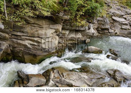 Carpathian Mountains Yaremche Ivano-Frankivska oblast Ukraine. Mountain river.