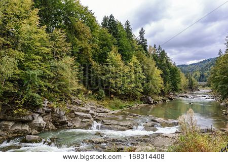 Carpathian Mountains Yaremche Ivano-Frankivska oblast Ukraine. Mountain river.