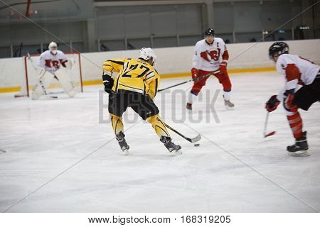 Moscow, Russia - January, 07, 2017: Amateur hockey league LHL-77. Game between hockey team 