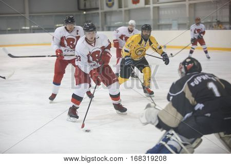 Moscow, Russia - January, 07, 2017: Amateur hockey league LHL-77. Game between hockey team 