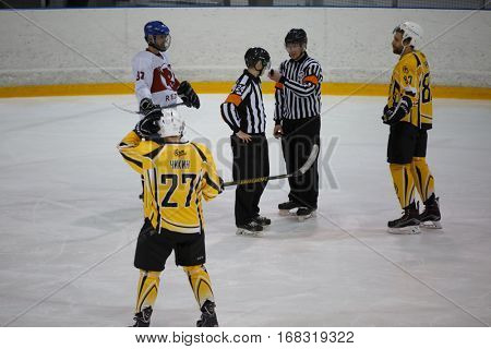 Moscow, Russia - January, 07, 2017: Amateur hockey league LHL-77. Game between hockey team 