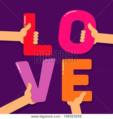 Vector stock of four hands holding colorful letters creating love word