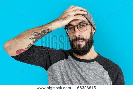 Caucasian Man Holds Head Portrait