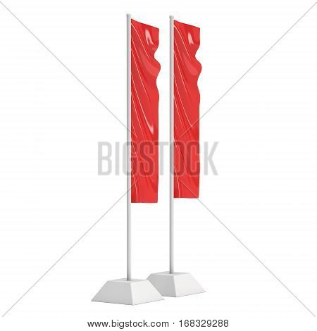 Flag Red Expo Banner Stand. Trade show booth. 3d render illustration isolated on white background. Template mockup for your expo design.