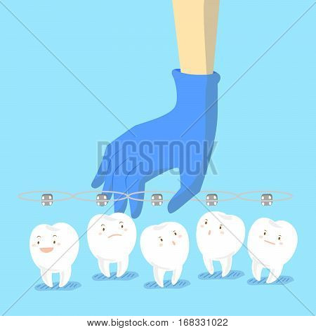 cartoon doctor hand is picking teeth wear brace