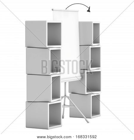 Blank Roll Up Expo Banner Stand on Tripod and product display boxes. Trade show booth white and blank. 3d render illustration isolated on white background. Template mockup for your expo design.