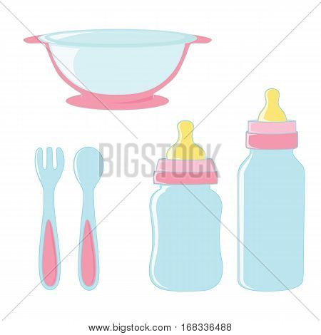 Set of dishes for food and bottles for a girl baby.