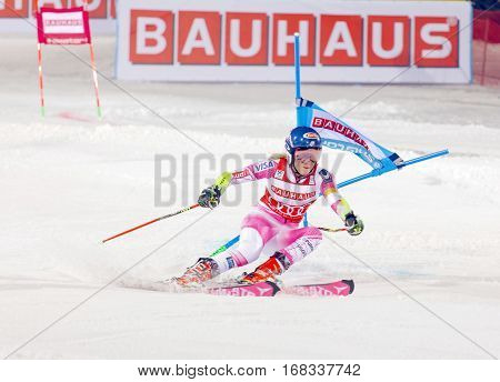 STOCKHOLM SWEDEN - JAN 31 2017: Mikaela Shiffrin (USA) winner in the downhill skiing parallel slalom at the Alpine Audi FIS Ski World Cup - city event January 31 2017 Stockholm Sweden