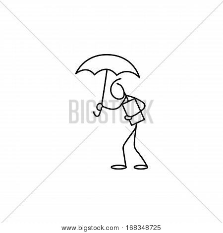 Stick figure man under rain holding umbrella vector