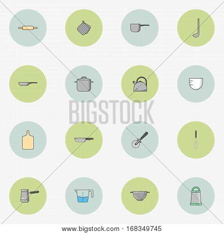 Set of icons of kitchen utensils in flat style. Simple vector round icons in two colors.