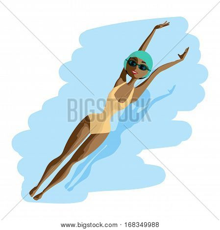 Young black woman in sports swimsuit swims in the pool at the backstroke. Flat cartoon isolated vector illustration