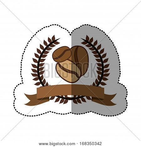 sticker color silhouette with olive crown with ribbon and coffee beans vector illustration
