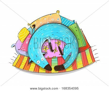 Funny blue dog sleep cozy on rug hand drawn cartoon. Sticker vector illustration