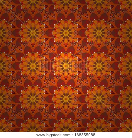 Raster Illustration. Red Background. Radial Gradient Shape. Orange Flower Geometry Pattern.