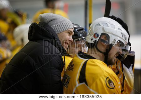 Moscow, Russia - January, 07, 2017: Amateur hockey league LHL-77. Game between hockey team 