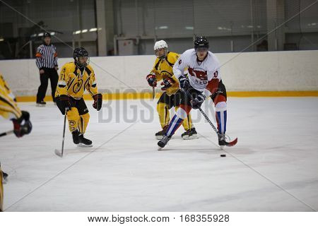 Moscow, Russia - January, 07, 2017: Amateur hockey league LHL-77. Game between hockey team 
