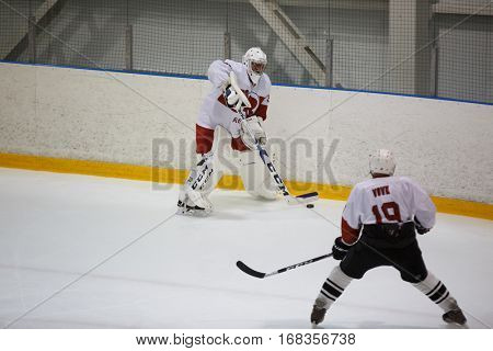 Moscow, Russia - January, 07, 2017: Amateur hockey league LHL-77. Game between hockey team 