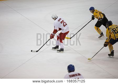 Moscow, Russia - January, 07, 2017: Amateur hockey league LHL-77. Game between hockey team 