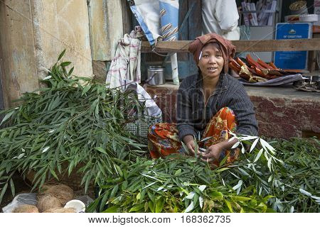 Bagan Myanmar November 9th 2014: woman selling vegetables at a market in rural Myanmar