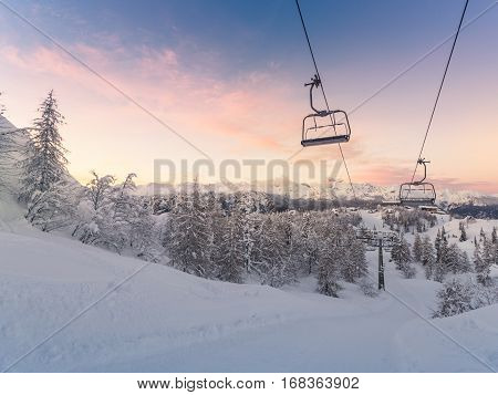 Winter Mountains Panorama With Ski Slopes And Ski Lifts
